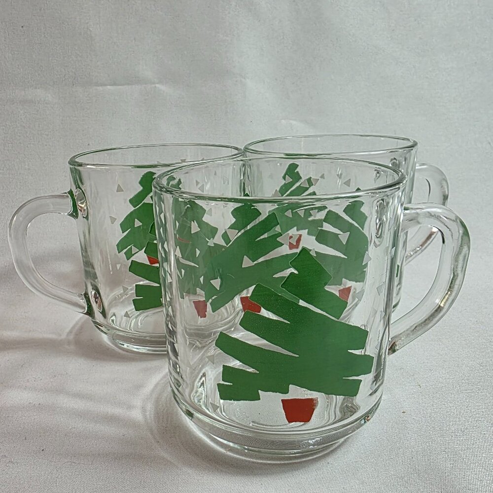 THREE JL Hudson Luminarc Christmas Tree Glass Mugs Clear with Green & Red Tree